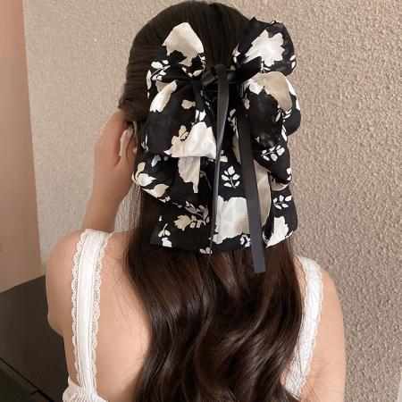 CX13535# 最便宜饰品批发 复古黑白碎花蝴蝶结飘带抓夹女后脑勺低马尾发卡夹子优雅气质发饰