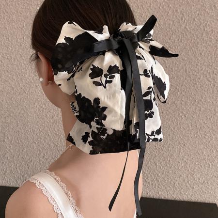 CX13535# 最便宜饰品批发 复古黑白碎花蝴蝶结飘带抓夹女后脑勺低马尾发卡夹子优雅气质发饰
