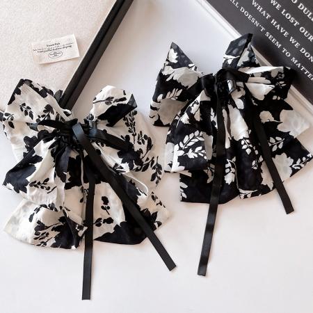 CX13535# 最便宜饰品批发 复古黑白碎花蝴蝶结飘带抓夹女后脑勺低马尾发卡夹子优雅气质发饰