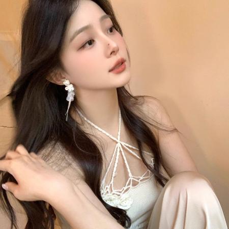 CX13537# 最便宜饰品批发 锆石花朵贝壳海边度假风流苏长款耳环女方圆脸耳饰新款高级感