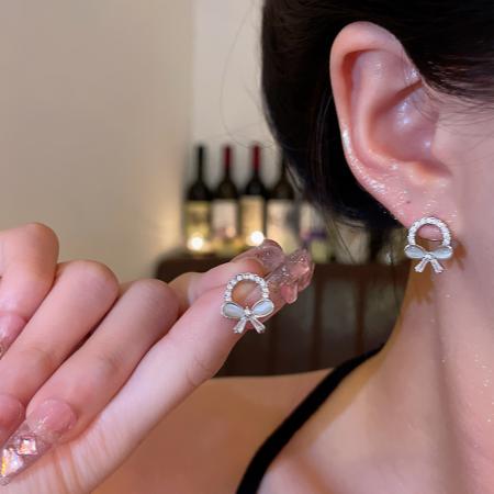 CX13539# 最便宜饰品批发 轻奢小众精致微镶满钻圆圈耳环港风时尚百搭气质猫眼石蝴蝶结耳钉