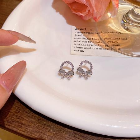 CX13539# 最便宜饰品批发 轻奢小众精致微镶满钻圆圈耳环港风时尚百搭气质猫眼石蝴蝶结耳钉