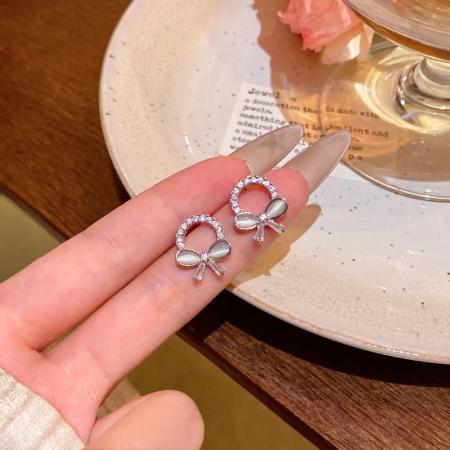 CX13539# 最便宜饰品批发 轻奢小众精致微镶满钻圆圈耳环港风时尚百搭气质猫眼石蝴蝶结耳钉