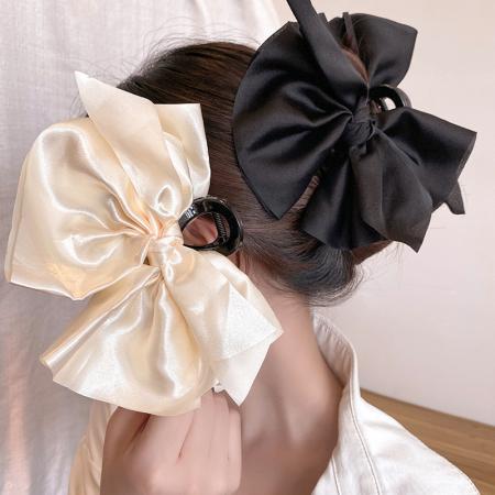 CX13542# 最便宜饰品批发 新款黑色超大缎面蝴蝶结抓夹小香风在逃公主发抓气质百搭鲨鱼夹女