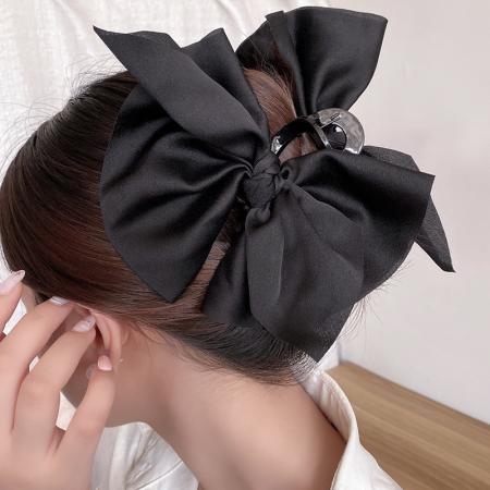 CX13542# 最便宜饰品批发 新款黑色超大缎面蝴蝶结抓夹小香风在逃公主发抓气质百搭鲨鱼夹女
