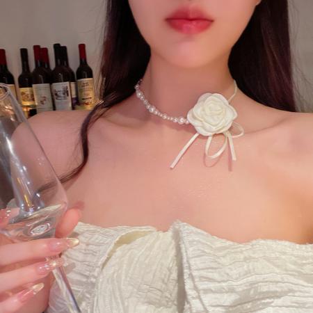 CX13556# 最便宜饰品批发 山茶花珍珠项链女轻奢小众高级感森系甜美气质锁骨链网红同款颈链