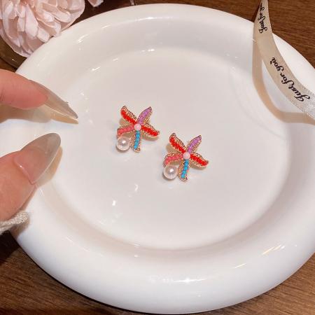 CX13557# 最便宜饰品批发 夏日海滩多巴胺海星珍珠耳钉女轻奢小众甜美其中耳环高级感耳饰品