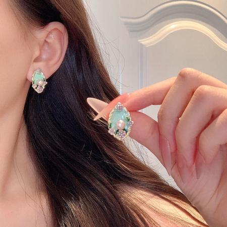CX13559# 最便宜饰品批发 莫奈花园珍珠耳环女法式复古温柔滴釉花朵耳钉设计感油画耳饰