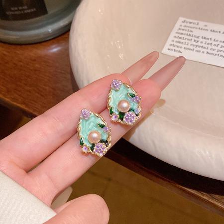 CX13559# 最便宜饰品批发 莫奈花园珍珠耳环女法式复古温柔滴釉花朵耳钉设计感油画耳饰