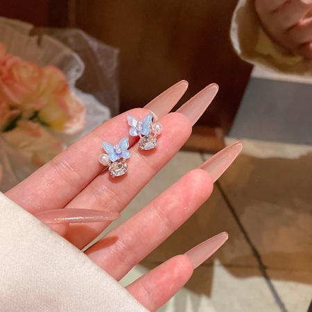 CX13564# 最便宜饰品批发 春夏小清新蓝色蝴蝶耳环女时尚简约百搭气质珍珠耳钉耳饰品