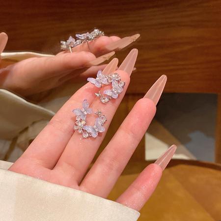 CX13569# 最便宜饰品批发 春夏爆款森系超仙气质蓝色蝴蝶耳环女时尚高级感微镶锆石耳钉耳饰