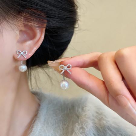 CX13571# 最便宜饰品批发 韩系爆款甜美后挂式蝴蝶结耳钉女长款流苏百搭气质珍珠耳环耳饰品