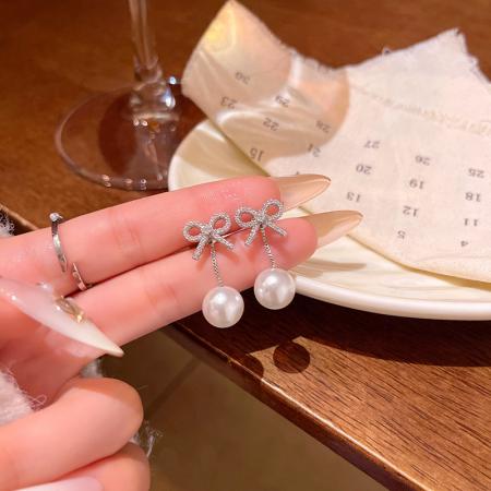 CX13571# 最便宜饰品批发 韩系爆款甜美后挂式蝴蝶结耳钉女长款流苏百搭气质珍珠耳环耳饰品