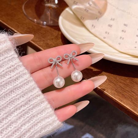 CX13571# 最便宜饰品批发 韩系爆款甜美后挂式蝴蝶结耳钉女长款流苏百搭气质珍珠耳环耳饰品
