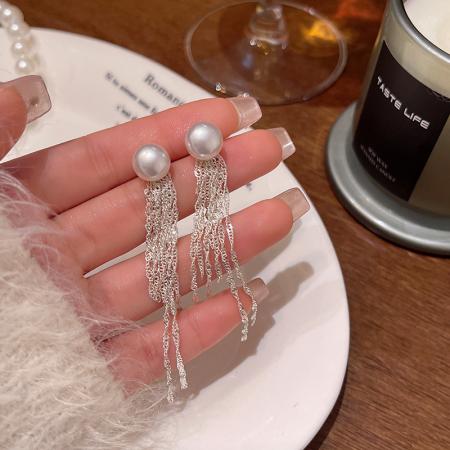 CX13584# 最便宜饰品批发 波光粼粼长款流苏耳环女轻奢小众高级感方圆脸珍珠耳钉网红耳饰品