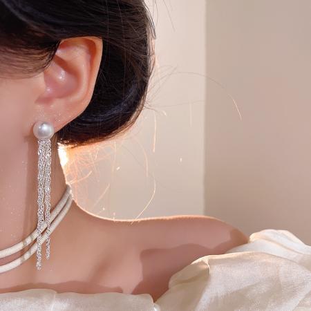 CX13584# 最便宜饰品批发 波光粼粼长款流苏耳环女轻奢小众高级感方圆脸珍珠耳钉网红耳饰品