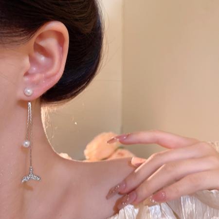 CX13596# 最便宜饰品批发 轻奢小众高级感长款流苏鱼尾耳环女时尚百搭气质一款两戴珍珠耳钉