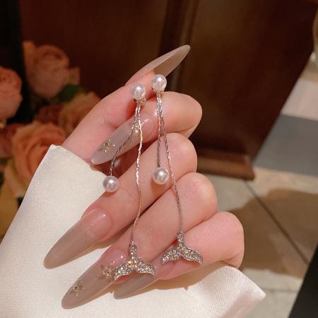CX13596# 最便宜饰品批发 轻奢小众高级感长款流苏鱼尾耳环女时尚百搭气质一款两戴珍珠耳钉