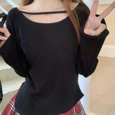 FA44340# 大码长袖T恤女收腰显瘦白色纯欲不规则上衣 服裝批發女裝批發服飾貨源