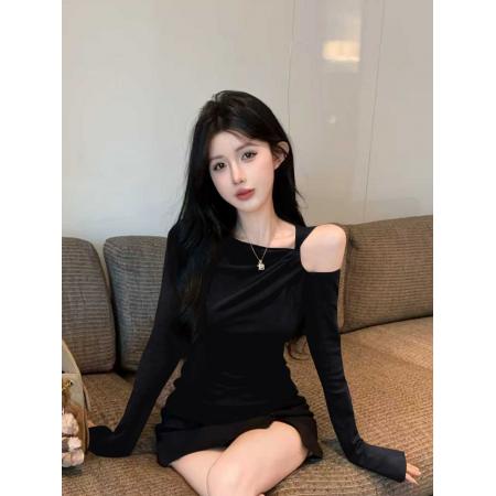 FA44353# 莫代尔人棉港味复古小众扭结露肩长袖T恤女秋季褶皱上衣 服裝批發女裝批發服飾貨源