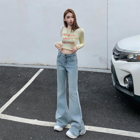 FA44356# 秋冬复古微喇牛仔裤女高腰新款修身显瘦马蹄喇叭裤 服裝批發女裝批發服飾貨源