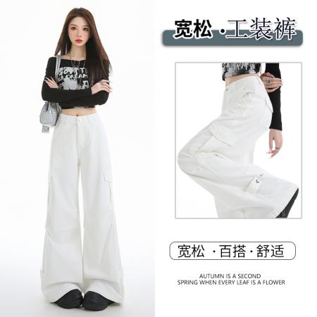 FA44360# 宝蓝色白色工装牛仔裤女新款高腰宽松设计感可收脚口阔腿裤 服裝批發女裝批發服飾貨源