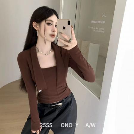 FA44364# 秋冬磨毛新款韩版设计感方领V领长袖T恤女修身打底短款上衣女 服裝批發女裝批發服飾貨源