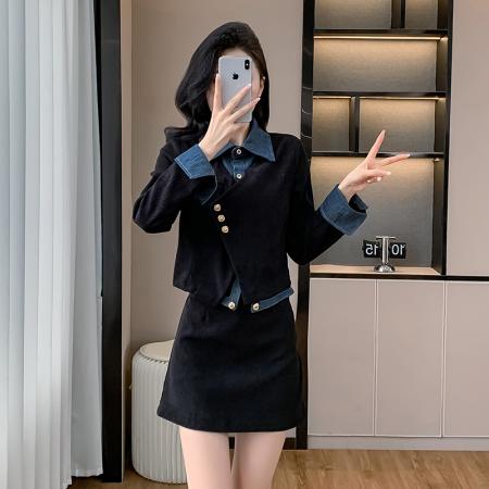 FA44390# 春秋新款赫本风显瘦气质设计感假两件上衣半身裙套装女 服裝批發女裝批發服飾貨源