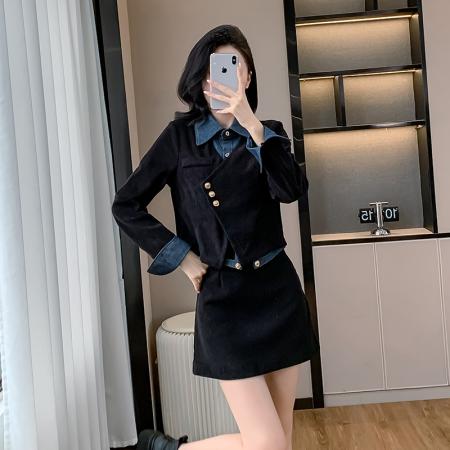 FA44390# 春秋新款赫本风显瘦气质设计感假两件上衣半身裙套装女 服裝批發女裝批發服飾貨源