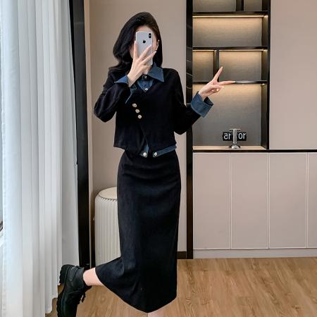 FA44390# 春秋新款赫本风显瘦气质设计感假两件上衣半身裙套装女 服裝批發女裝批發服飾貨源