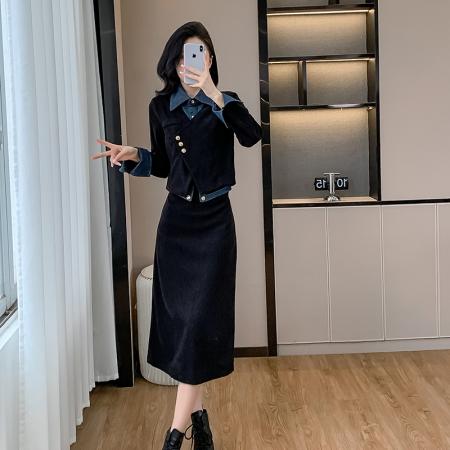 FA44390# 春秋新款赫本风显瘦气质设计感假两件上衣半身裙套装女 服裝批發女裝批發服飾貨源