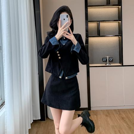 FA44390# 春秋新款赫本风显瘦气质设计感假两件上衣半身裙套装女 服裝批發女裝批發服飾貨源
