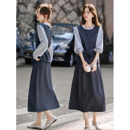 FA44392# 灰色假两件衬衫上衣肌理感长款A字半身裙两件套女秋新款套装 服裝批發女裝批發服飾貨源