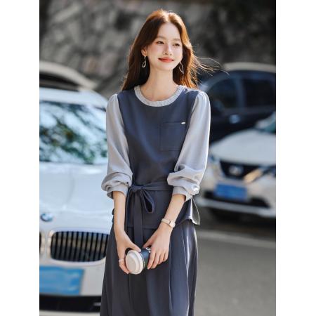 FA44392# 灰色假两件衬衫上衣肌理感长款A字半身裙两件套女秋新款套装 服裝批發女裝批發服飾貨源