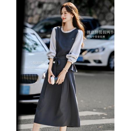 FA44392# 灰色假两件衬衫上衣肌理感长款A字半身裙两件套女秋新款套装 服裝批發女裝批發服飾貨源
