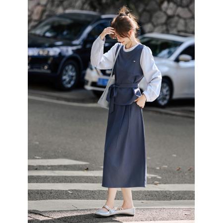FA44392# 灰色假两件衬衫上衣肌理感长款A字半身裙两件套女秋新款套装 服裝批發女裝批發服飾貨源