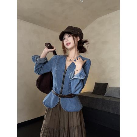 FA44393# 春秋别致喇叭长袖v领牛仔衬衫女设计感小众收腰绝美上衣 服裝批發女裝批發服飾貨源