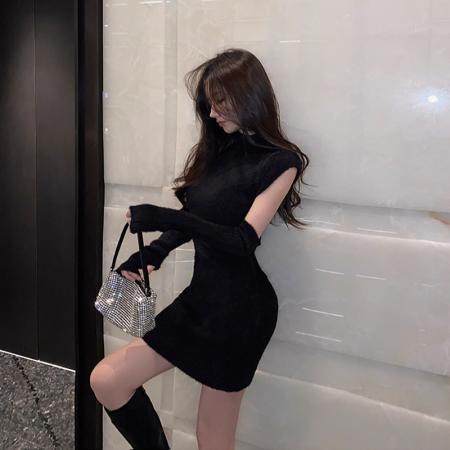 FA44397# 新款性感连衣裙女秋冬新款带袖套毛茸茸修身包臀毛衣裙 服裝批發女裝批發服飾貨源