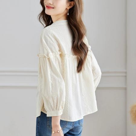 FA44399# 秋新款木耳边灯笼袖上衣纯棉圆领衬衣杏色绣花衬衫女长袖淑女 服裝批發女裝批發服飾貨源