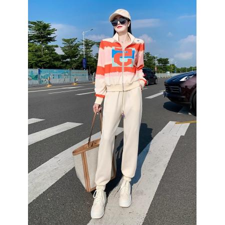 FA44406# 春夏季新款宽松卫衣卫裤两件套女装时尚拼色字母印花开衫上衣套装 服裝批發女裝批發服飾貨源