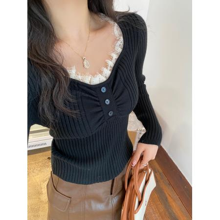 FA44409# V领蕾丝针织打底衫女款内搭修身季新款高级感毛衣短款上衣 服裝批發女裝批發服飾貨源