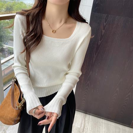 FA44411# 针织衫女早秋季新款高级感修身方领打底衫内搭低领长袖上衣 服裝批發女裝批發服飾貨源