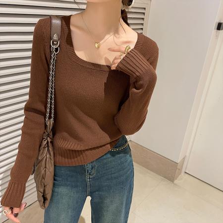 FA44411# 针织衫女早秋季新款高级感修身方领打底衫内搭低领长袖上衣 服裝批發女裝批發服飾貨源