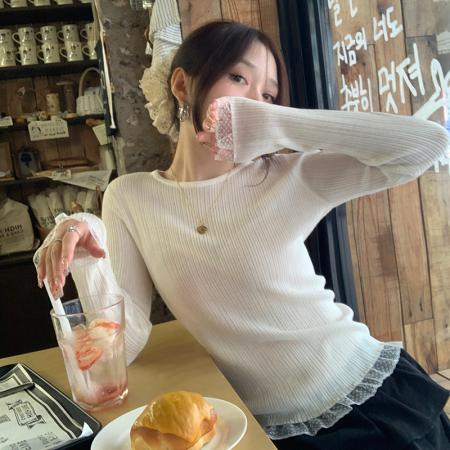FA44417# 新款打底针织衫女蕾丝打底衫高级感毛衣白色上衣纯色韩版 服裝批發女裝批發服飾貨源