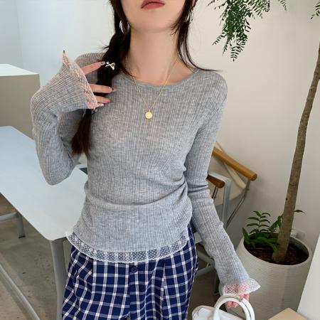 FA44417# 新款打底针织衫女蕾丝打底衫高级感毛衣白色上衣纯色韩版 服裝批發女裝批發服飾貨源