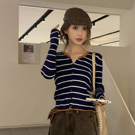 FA44419# 小香风撞色条纹针织开衫女早秋新款韩系穿搭修身短款毛衣上衣 服裝批發女裝批發服飾貨源