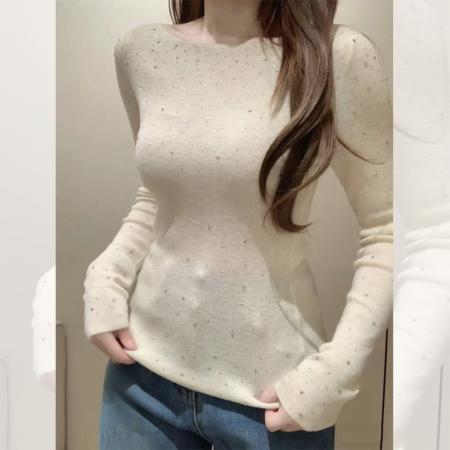 FA44422# 温柔气质甜美重工烫钻设计长袖针织衫女早秋氛围感穿搭打底衫上衣 服裝批發女裝批發服飾貨源