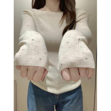 FA44422# 温柔气质甜美重工烫钻设计长袖针织衫女早秋氛围感穿搭打底衫上衣 服裝批發女裝批發服飾貨源