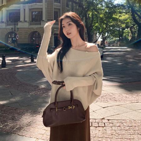 FA44425# 安迪绒长袖毛衣女装秋冬新款纯色斜领保暖针织衫上衣 服裝批發女裝批發服飾貨源