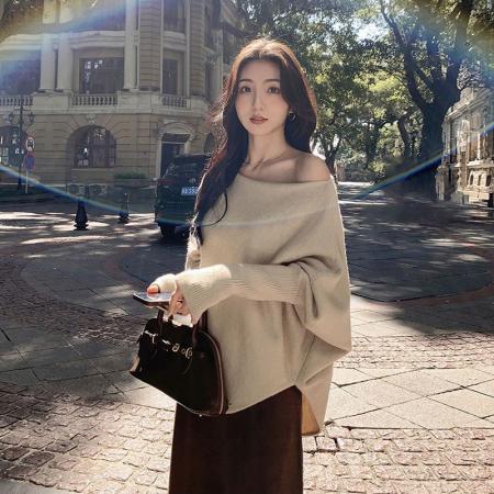 FA44425# 安迪绒长袖毛衣女装秋冬新款纯色斜领保暖针织衫上衣 服裝批發女裝批發服飾貨源